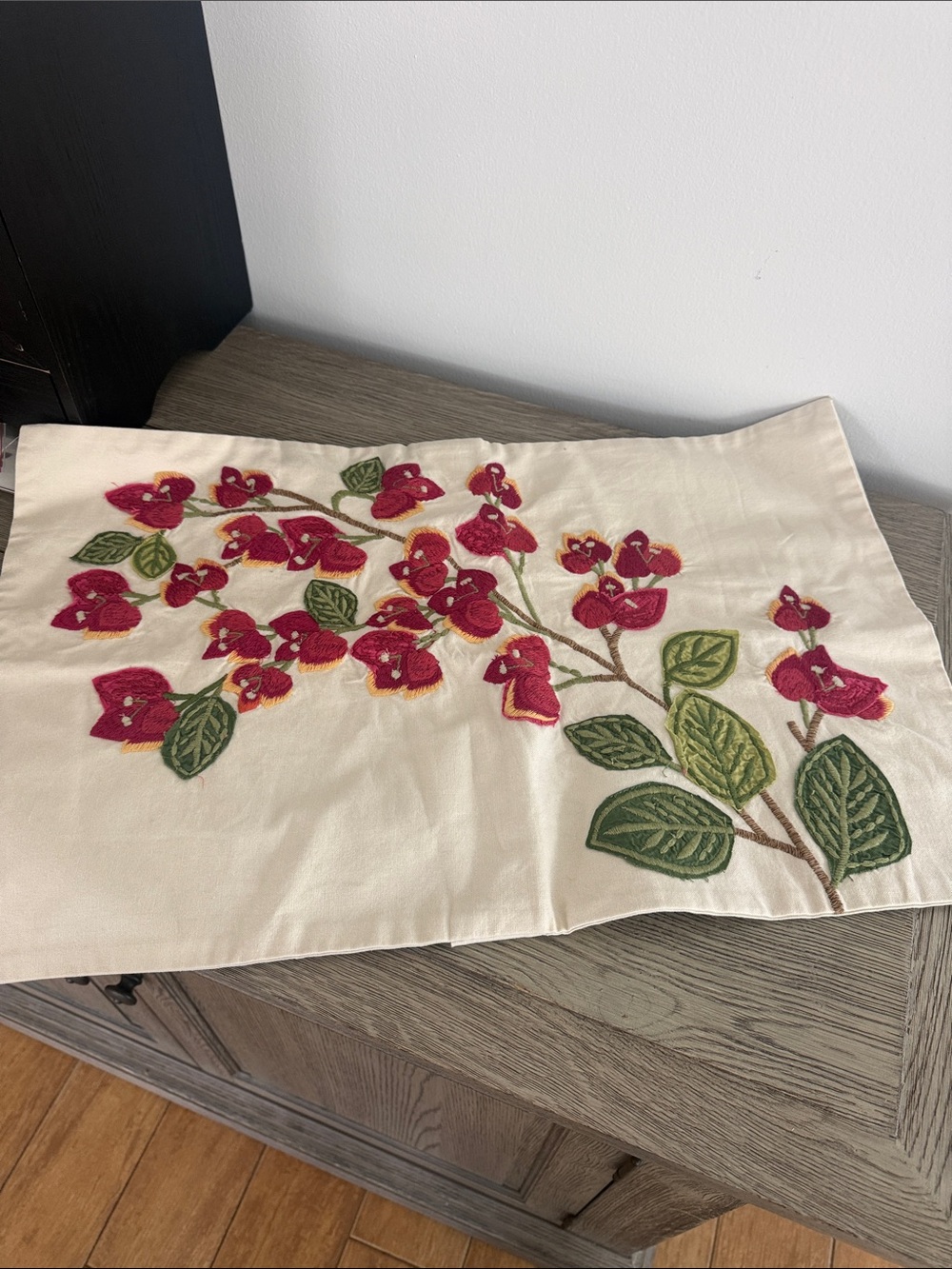 Embroidered Floral Cotton lumbar pillow cover - Cream with Red and Green